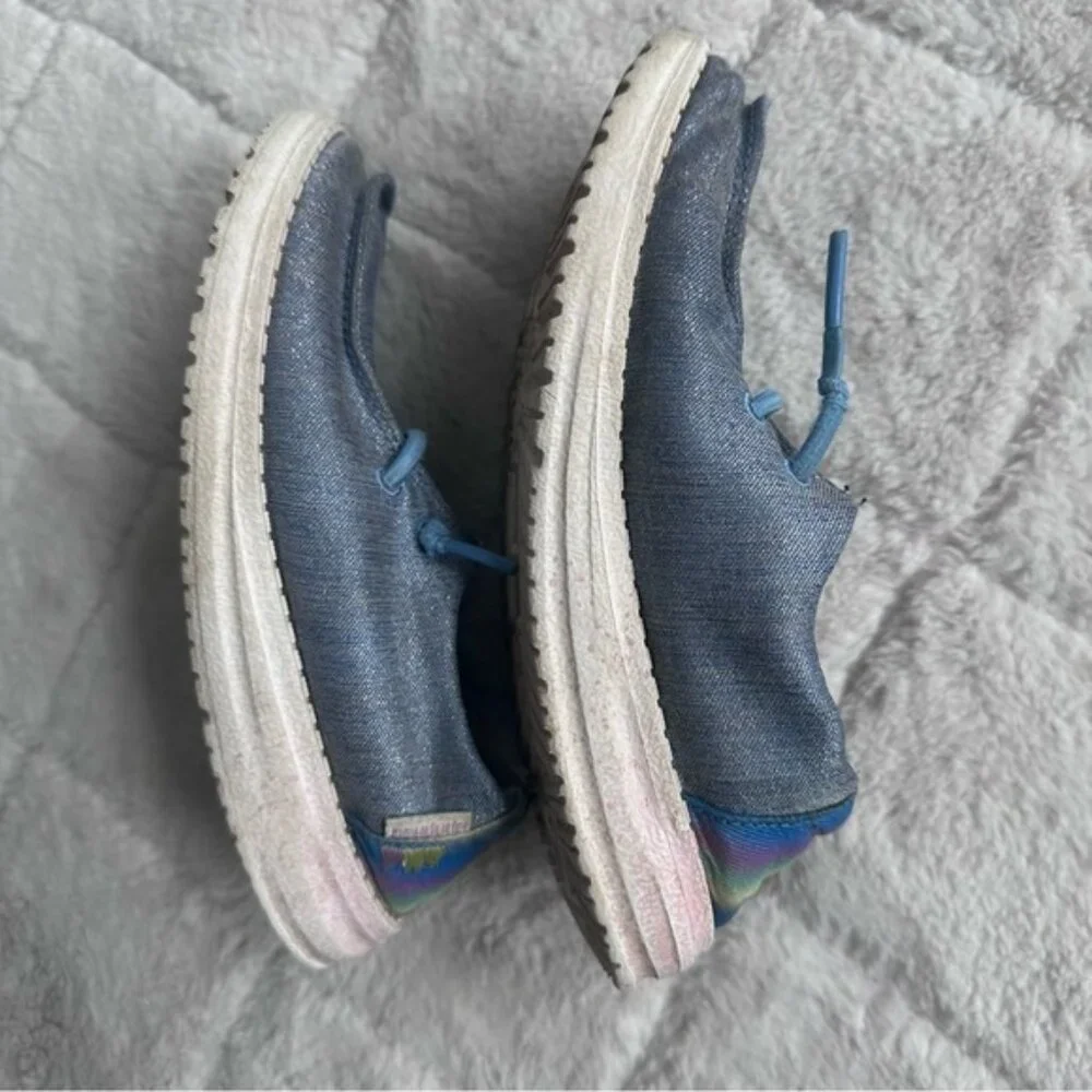 Hey Dude | Blue & Rainbow Wendy Youth Sparkle Denim Shoes | Size Y1-L2